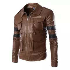 Jaqueta de couro masculina com gola alta casual de motocicleta, tops sólidos e bonito, cosplay, cosplay Leon e Marshall, moda outono e inverno