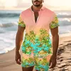 Conjunto de shorts e camisa de manga curta masculina para férias na praia, estampa havaiana solta, moda casual, verão