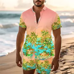 Conjunto de shorts e camisa de manga curta masculina para férias na praia, estampa havaiana solta, moda casual, verão na internet