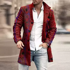 Outono inverno retro impressão de lã casaco masculino casual único breasted lapela manga longa casaco moda masculina bolso solto meados longo jaqueta - Wolf Magazine
