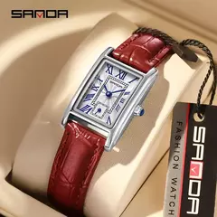 SANDA-relógio de couro com mostrador retangular para mulheres, marca superior, design de moda, design elegante, resistente à água, quartzo, movimento, vestido de negócios, novo, quente na internet
