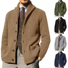 Imagem do Homens casaco de malha lapela manga comprida bolsos engrossados cardigan camisola masculina outono botões sólidos placket casaco de malha para o trabalho