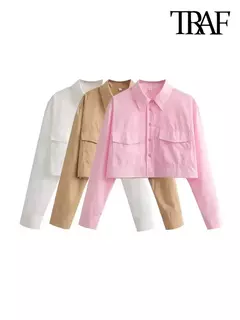 TRAF-camisas popeline soltas para mulheres, manga comprida, blusas femininas com botões, tops chiques, vintage e na moda