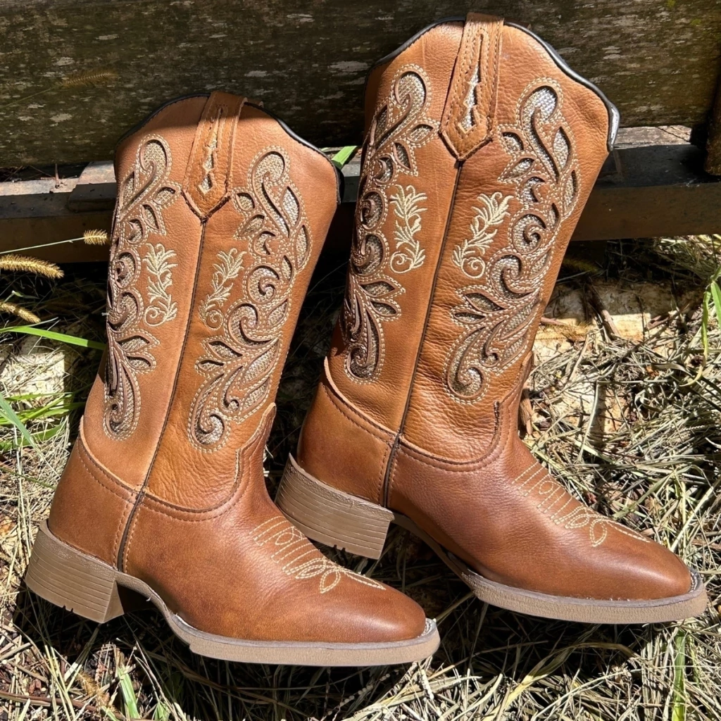 Bota Texana Country Cano Alto Couro Legítimo Premium Bico Quadrado Beauty