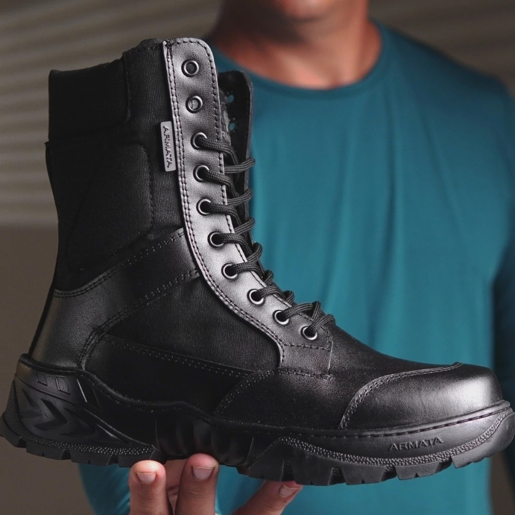 Bota Coturno Militar Couro Leopard Padrão Exército Brasileiro Preto Liso