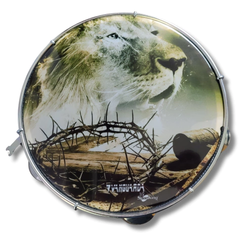 Pandeiro 10" ABS Branco Pele Sintética Leão e Coroa Spanking