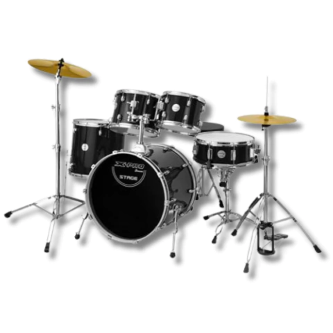 Bateria X-Pro Stage Preta Bumbo 20" Completa Pratos e Banco