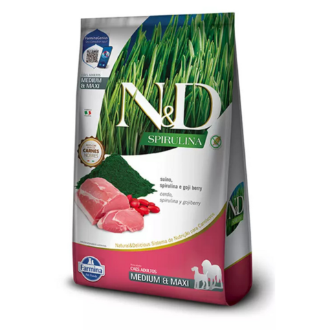 Ração N&D Spirulina Canine 10.1Kg Cão Adulto Médio+ Suino