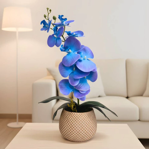 Arranjo de Orquídea Azul Artificial Decorativa Vaso Treliça Médio