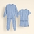 Combo de pijamas infantil para menino minimalista em azul claro com estampa discreta, contendo conjunto de manga longa com calça e conjunto de camiseta com shorts