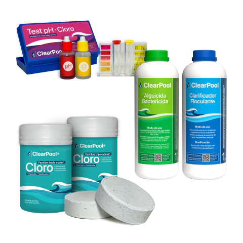 Combo Test pH + 2Kg Cloro pastillas + 1L Alguicida + 1L Clarificante para piscinas - comprar online