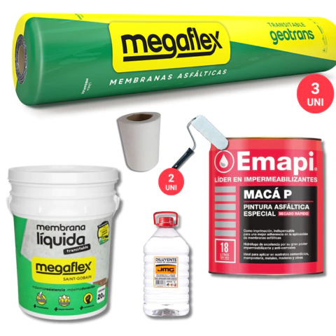 Megaflex Transitable Geotrans 40kg x3uni + Asfáltica 18lts + Solvente 5lts + Impermeabilizante 20kg + Venda 10cm + 2 Rodillos - comprar online