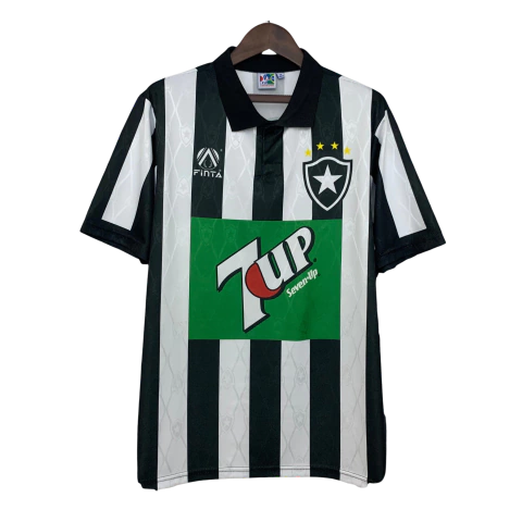 Camisa retrô Botafogo 1995 listrada preta e branca, modelo clássico usado no Campeonato Brasileiro