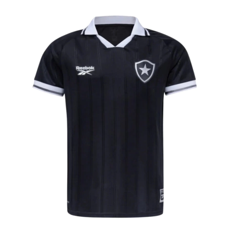 Camisa Botafogo Away 2025/26 preta com detalhes brancos, modelo Aura 90 da Reebok sem patrocínio vista de frente