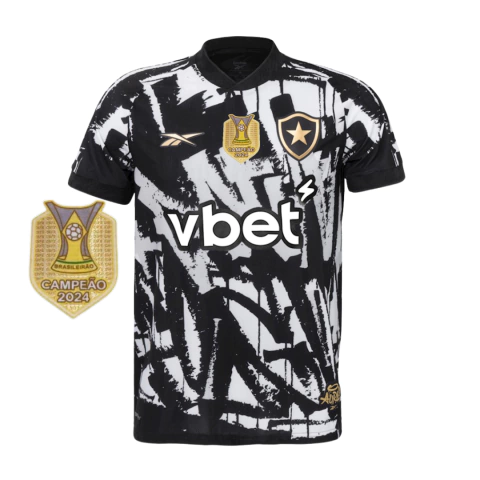 Camisa Botafogo Fourth 25/26 preta e branca com design Aura 90, patrocinador Vbet e patch Campeão Brasileiro 2024