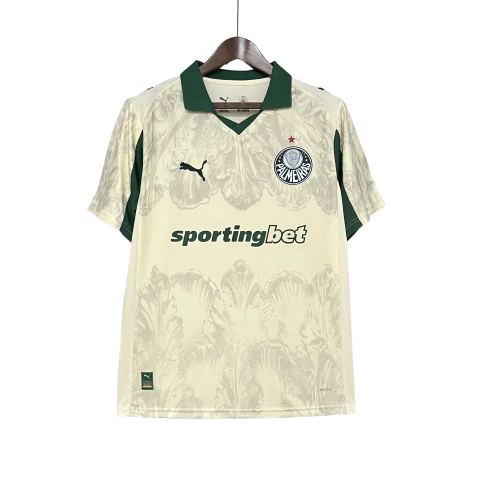 Camisa Palmeiras Mundial 2025 Puma KidSuper – design bege barroco com folhas
