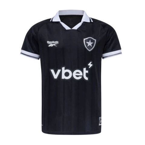 Camisa preta do Botafogo Away 2025/26 modelo Aura 90 da Reebok, com gola branca e detalhes em branco nas mangas
