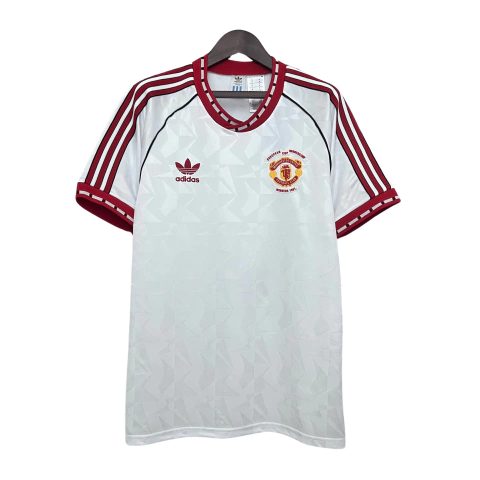Camisa Manchester United Retrô 1991 Branca – vista frontal com detalhes vermelhos e pretos