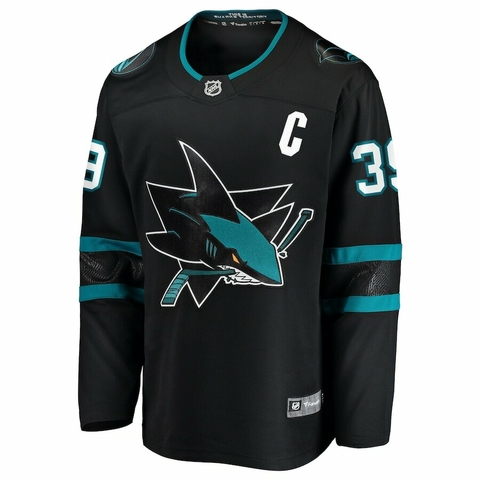 Camisa NHL San Jose Sharks Jersey Preta – vista frontal com logo do tubarão