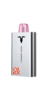 Vape desechable Ignite V50 con sabor a fresa y banana, diseño plateado y boquilla rosa.