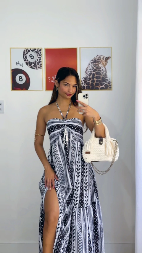 VESTIDO LONGO BOHO ESTAMPADO PRETO E BRANCO