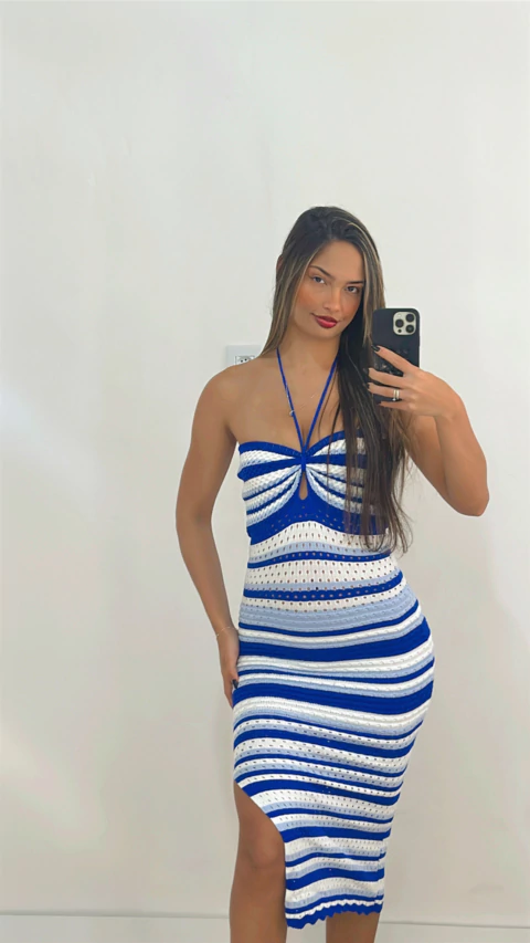 VESTIDO TRICÔ MÍDI LISTRADO AMARRAÇÃO AZUL