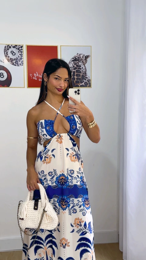 VESTIDO LONGO TROPICAL RECORTE AMARRAÇÃO AZUL