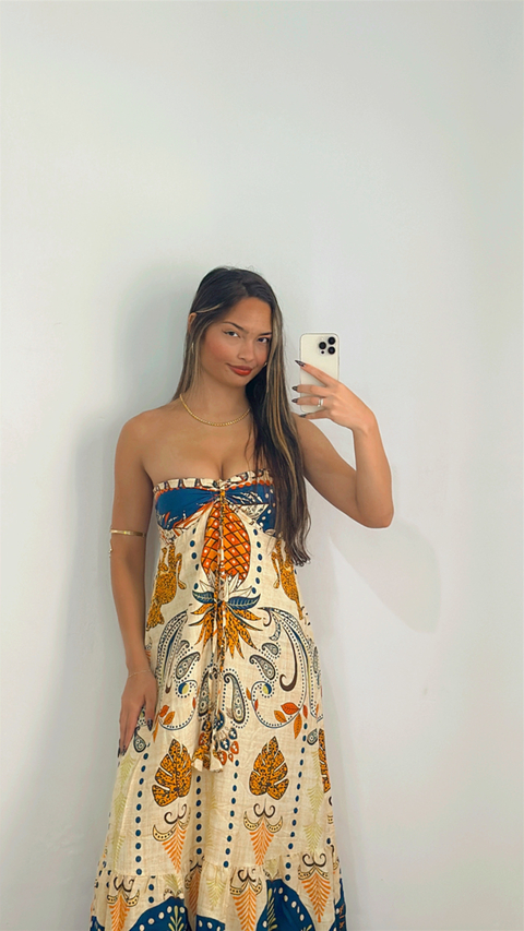 VESTIDO LONGO ESTAMPADO ABACAXI COM ONÇA