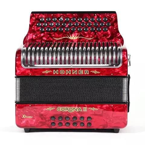 ACORDEON DIATONICO HOHNER ''CORONA II XTREME'', FA-SIB-MIB, 34 BOTONES Y 12 BAJOS, ROJO CON FUNDA