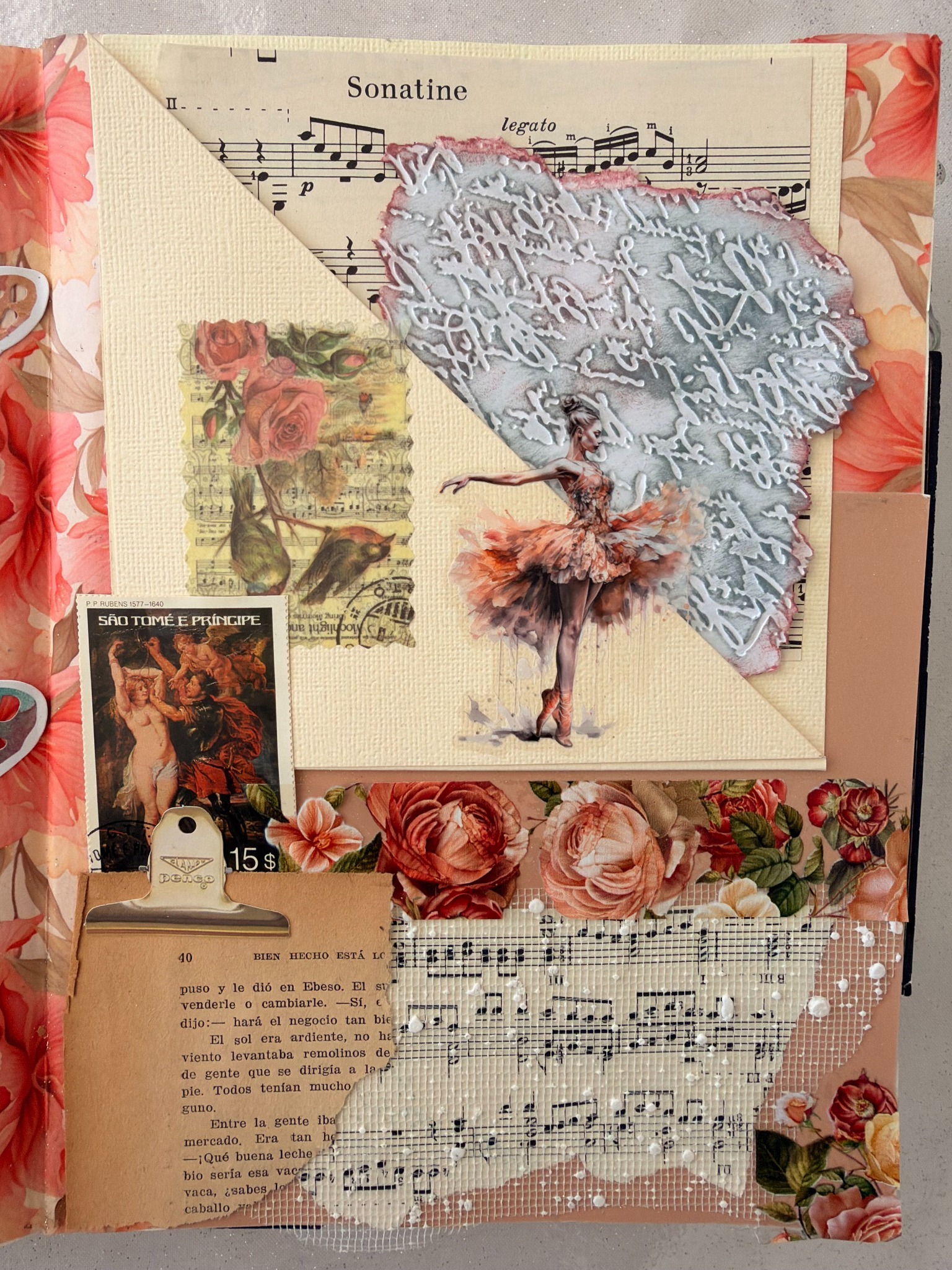 Collage con bailarina, flores y partituras — trabajo de Jime