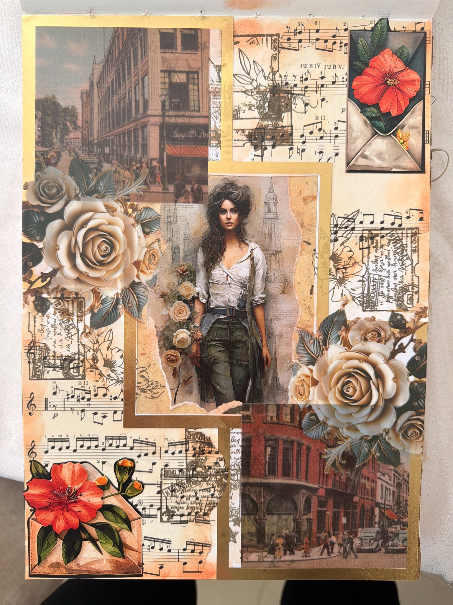 Collage vintage con flores y partituras — trabajo de Jime
