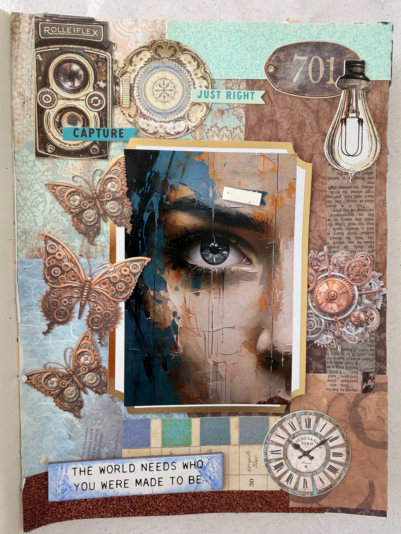 Collage con ojo, cámara y mariposas mecánicas — trabajo de Jime