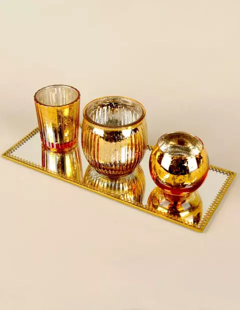 Set Dorado Portavela 4 piezas (con bandeja espejo)