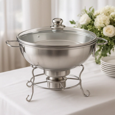 Rechaud RM Redondo em Aço Inox Banho Maria com Suporte para Tampa e Fogareiro 6 L Buffet - comprar online