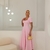 Vestido Midi de Crepe com Manga Bufante e Decote Coração Rosa