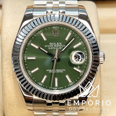 Rolex Datejust 41 Verde Aço Luneta Canelada Jubileu