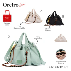 Carteras Oreiro Love en nylon en colores beige, negro y verde agua con detalles de tira desmontable, regulable y bolsillo frontal, junto a bolsa incluida