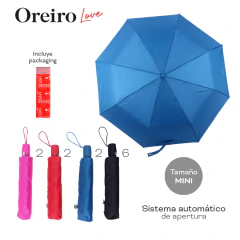 Paraguas Oreiro Love petroleo abierto con varios paraguas mini plegados en colores rosa, rojo, azul y negro con sistema automático de apertura