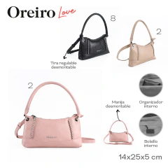 Carteras Oreiro Love en colores negro, rosa y beige con detalles de tachas, manija desmontable y tira regulable desmontable