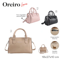 Carteras Oreiro Love en colores negro, rosa y beige con detalles de tachas, tiras regulables desmontables y compartimentos internos organizadores y bolsillos, medidas 18x27x10 cm