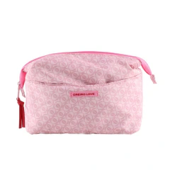 Portacosmetico rosa con diseño de rosas y etiqueta Oreiro Love en el frente, hecho de nylon