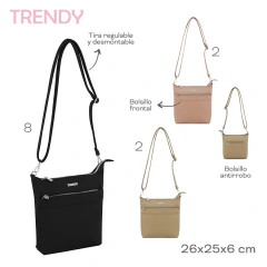 Morral Trendy en colores negro, rosa y beige, con tiras regulables y desmontables, bolsillos frontal y antirrobo, fabricado en material PU y medidas 26x25x6 cm.
