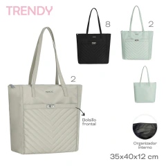 Cartera Trendy color menta de nylon con bolsillo frontal acolchado y organizador interno, medidas 35x40x12 cm, también disponible en negro y beige.