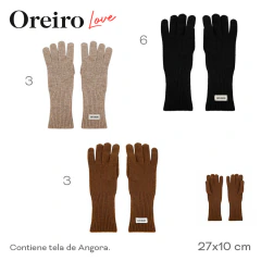 Guantes Oreiro Love de tela Angora en colores caqui, marrón y negro, con etiqueta visible, tamaño 27x10 cm.