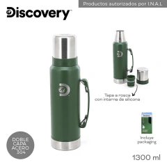 Termo Discovery verde de acero inoxidable 304 con capacidad de 1300 ml, tapa a rosca con interior de silicona y packaging incluido