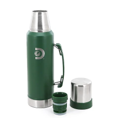 Termo Discovery color verde con capacidad de 1300 ml, hecho de acero inoxidable 304, con tapa y pico vertedor desmontados