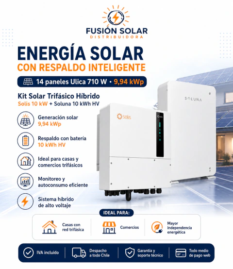 Kit Solar Trifásico Híbrido Solis 10 kW | 9,94 kWp | Soluna 10 kWh HV