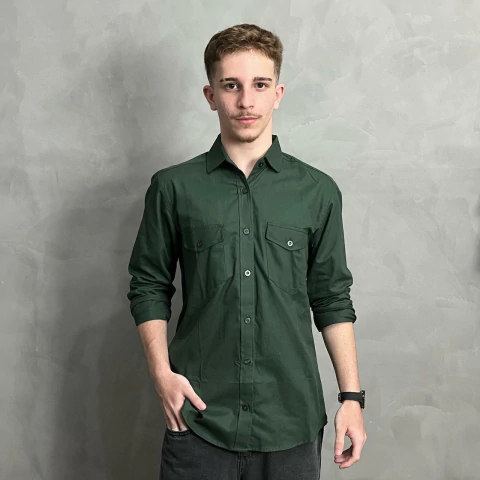 Camisa de Botão Sarja Verde Militar