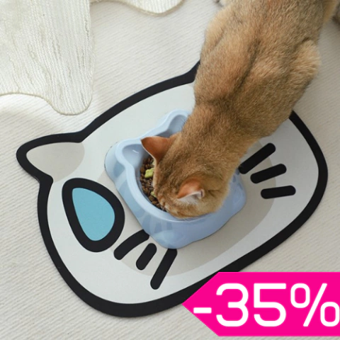 Mantel gatuno con carita de gato, ideal para comida de gatos y fácil de limpiar.