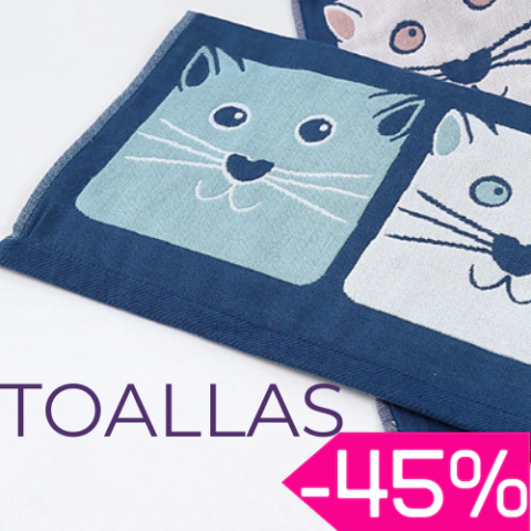 Set de 2 toallas de algodón azules con cuatro caritas de gato expresivas, ideales para secar manos, limpiar superficies o como decoración para el hogar.